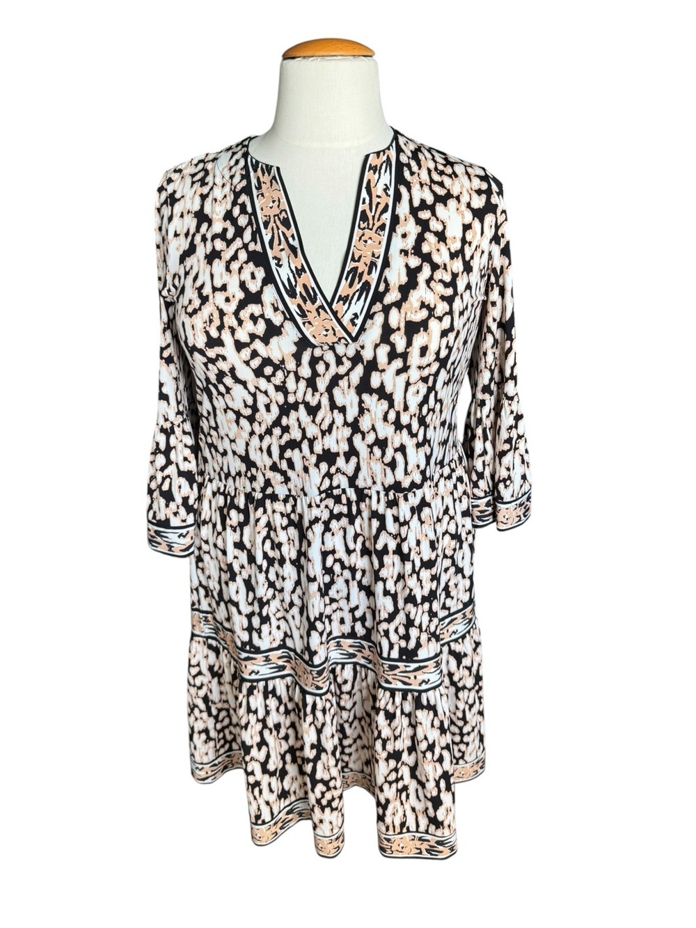 Marc Cain Animal Print Tiered Shift Dress 3/4 Bell Sleeve Size N3 US M/L H54